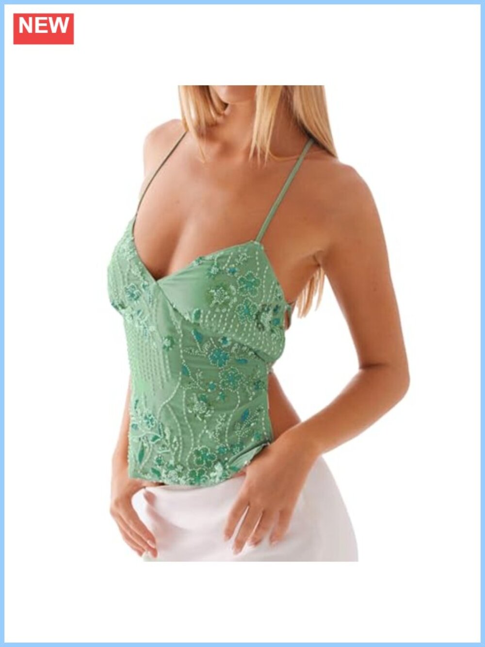 Sequin Beaded Cami Top V Neck Backless Criss Cross Crop Top Clubwear